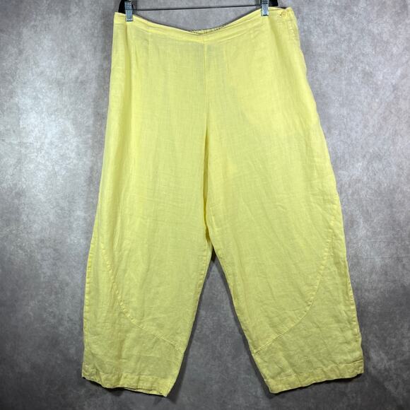 Flax Pants Womens Large Yellow Linen Wide Leg High Rise‎ Lightweight Casual Boho - Picture 1 of 13